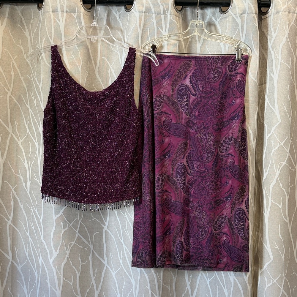 Charlotte Russe Purple and Pink Paisley Skirt Set top size L and skirt size M
